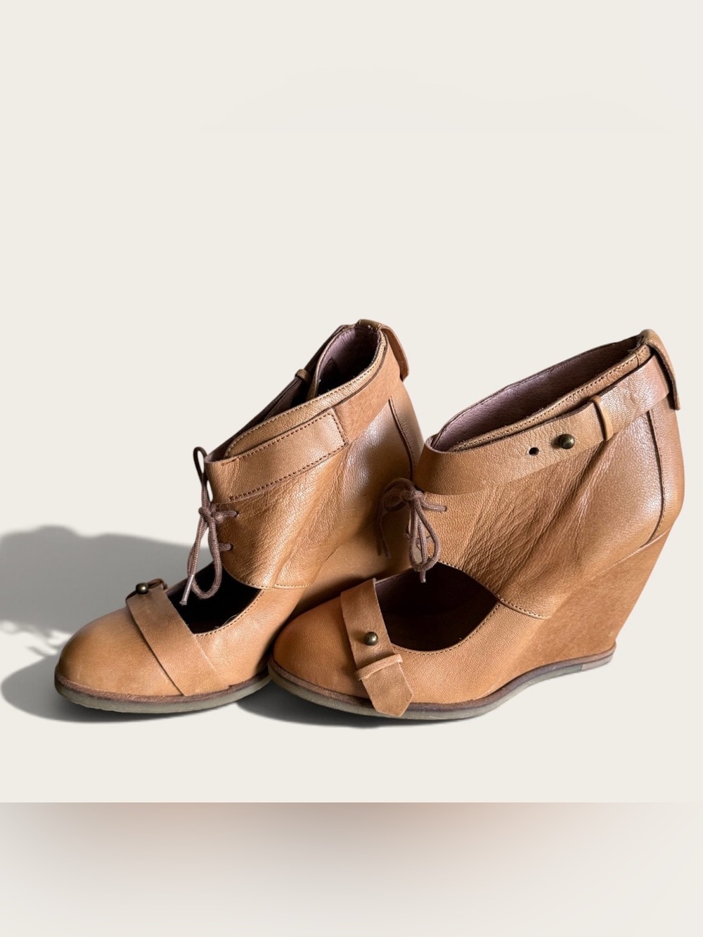 Anthropologie Lucky Penny Ankle Boots Wedges Camel Tan Brown Retro